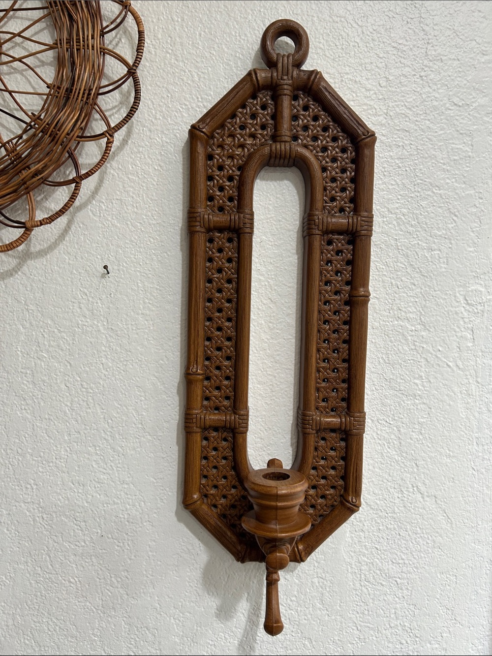 Vintage Burwood Products Brown Faux Wicker Rattan Candle Holder Sconce